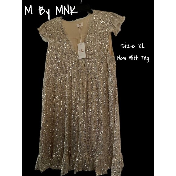 M By MNK Sequin Baby Doll Dress V Neck Women's Size XL - New With Tag - Picture 1 of 3